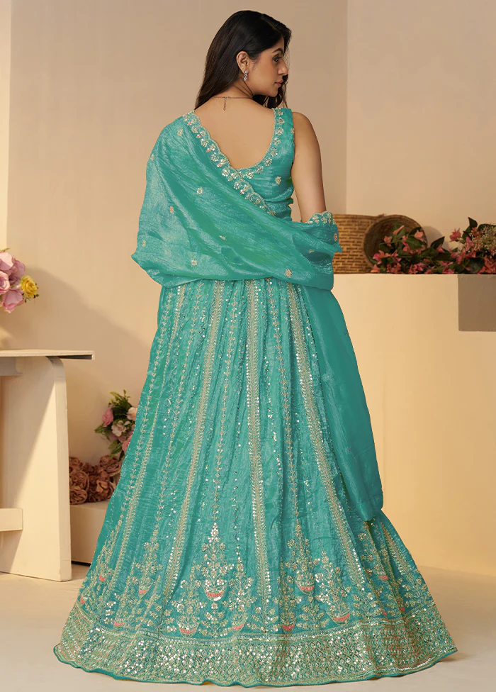 3 Pc Sky Blue Silk Semi Stitched Lehenga Set - Image 3