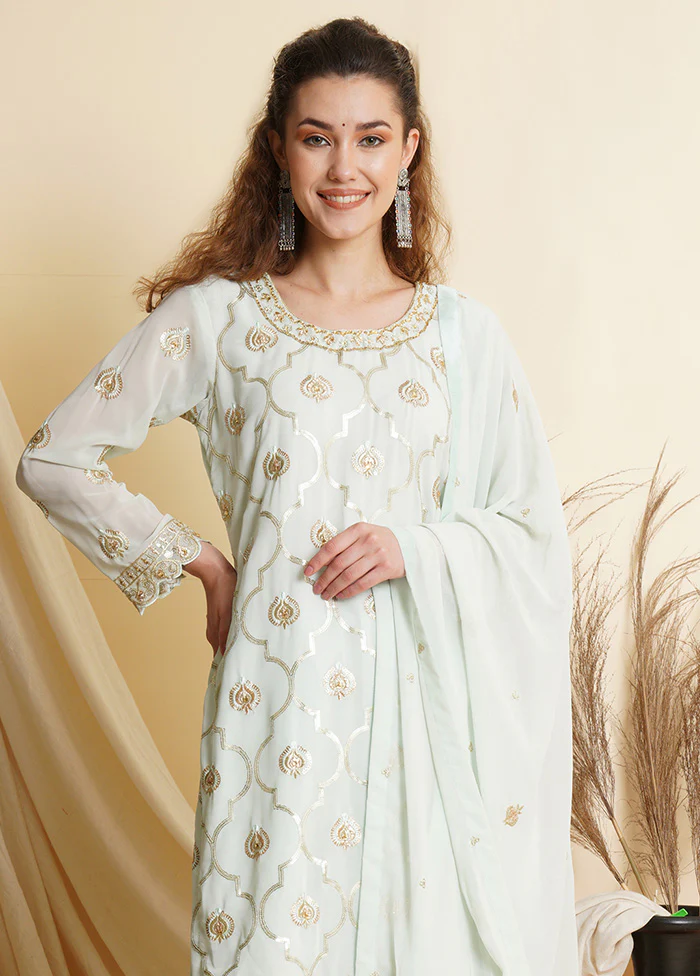 3 Pc Sky Blue Unstitched Georgette Suit Set - Image 2