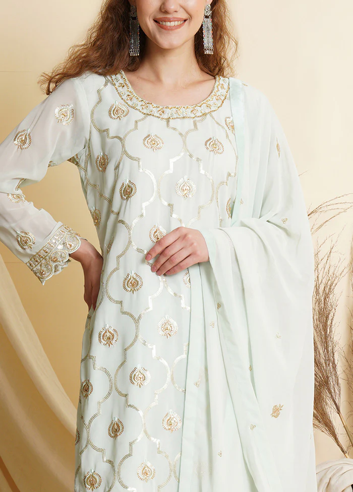 3 Pc Sky Blue Unstitched Georgette Suit Set - Image 3