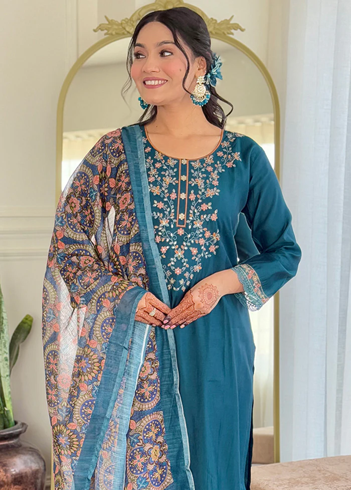 3 Pc Teal Blue Readymade Chanderi Dupatta Suit Set - Image 2