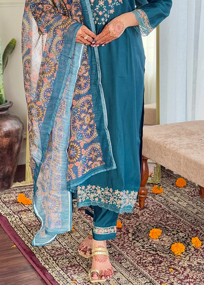 3 Pc Teal Blue Readymade Chanderi Dupatta Suit Set - Image 3