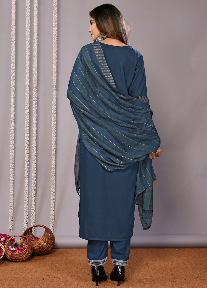 3 Pc Teal Blue Readymade Cotton Suit Set - Image 2