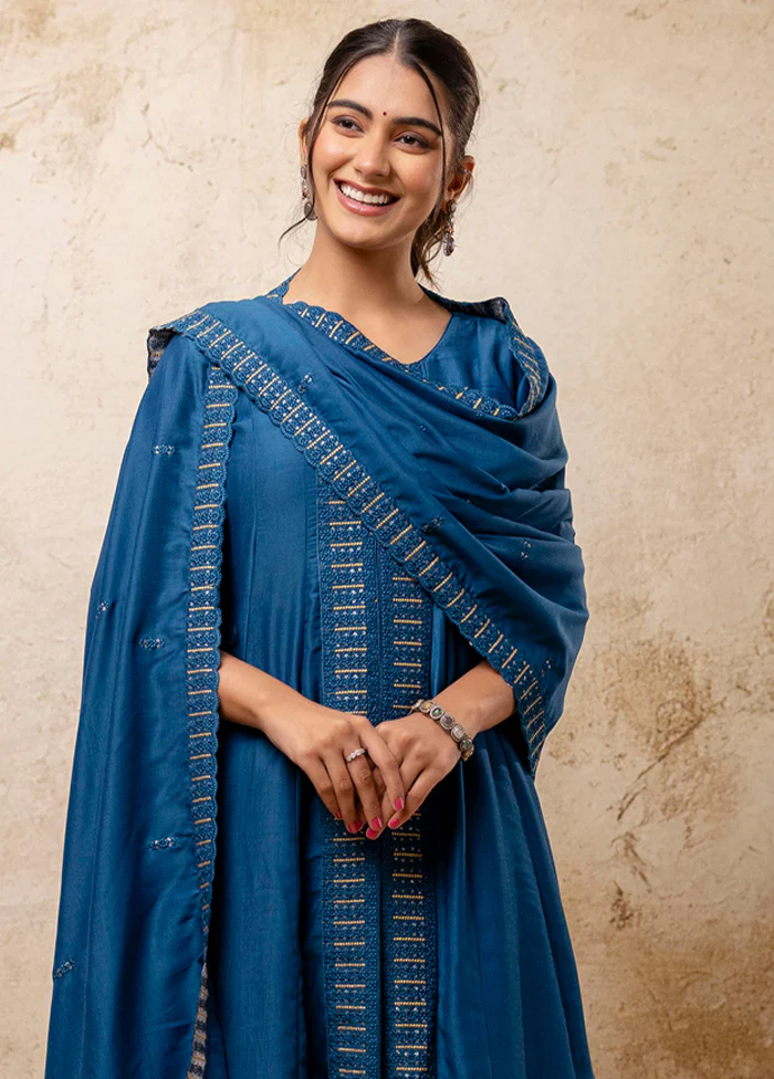 3 Pc Teal Blue Readymade Silk Dupatta Suit Set - Image 2