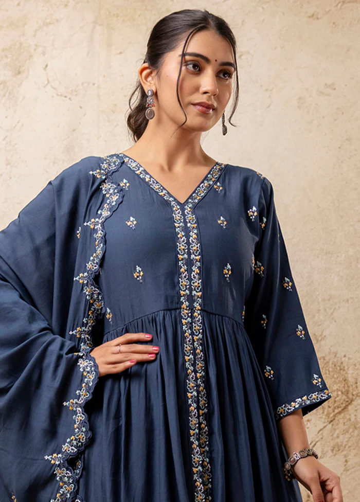 3 Pc Teal Blue Readymade Silk Dupatta Suit Set - Image 2