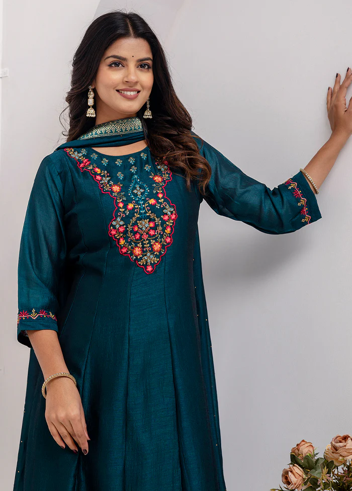 3 Pc Teal Blue Readymade Silk Dupatta Suit Set - Image 2