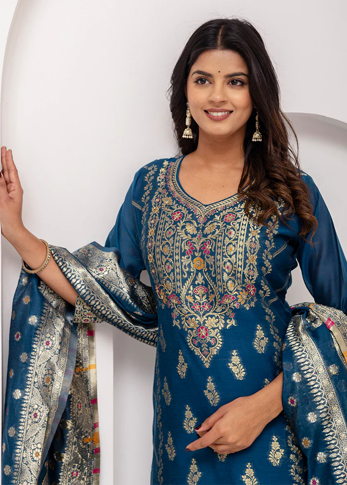 3 Pc Teal Blue Readymade Silk Dupatta Suit Set - Image 2