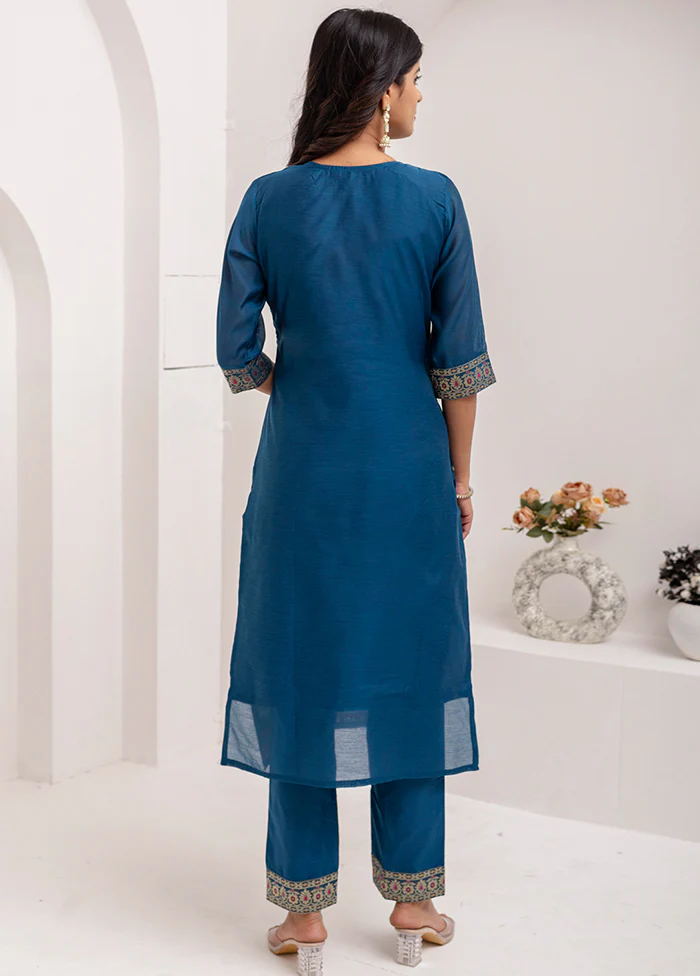 3 Pc Teal Blue Readymade Silk Dupatta Suit Set - Image 3