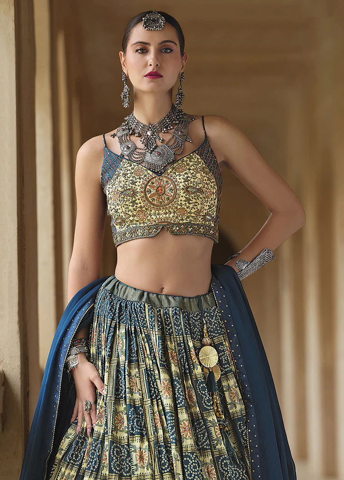 3 Pc Teal Blue Silk Semi Stitched Lehenga Set - Image 2