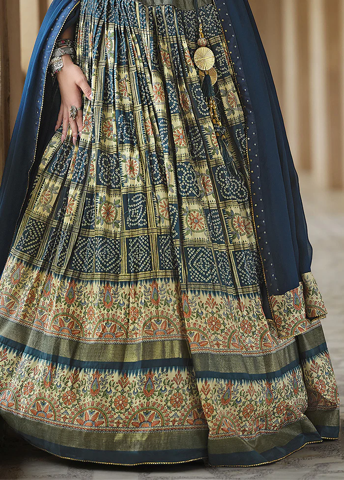 3 Pc Teal Blue Silk Semi Stitched Lehenga Set - Image 3
