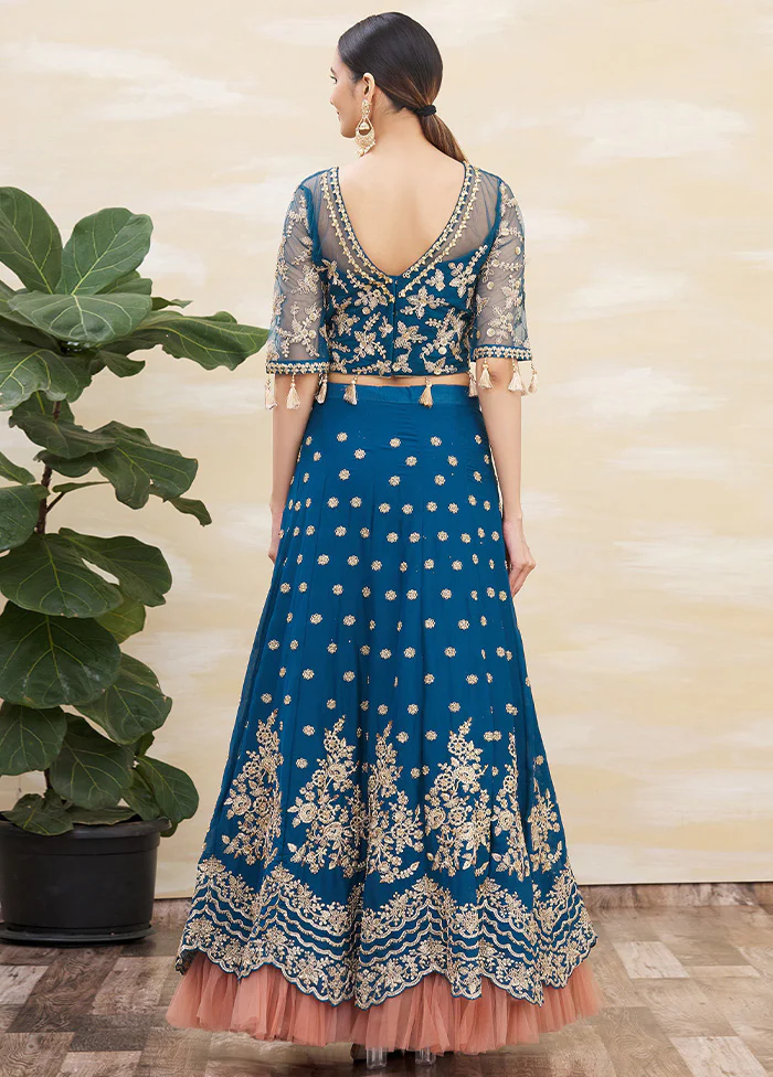 3 Pc Teal Blue Silk Semi Stitched Lehenga Set - Image 2