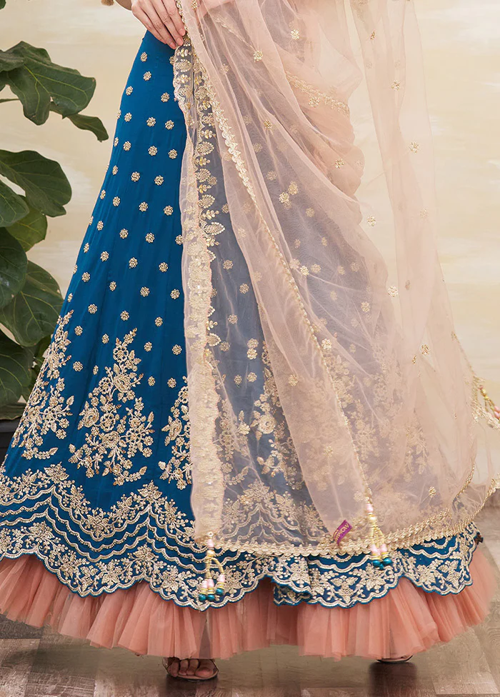 3 Pc Teal Blue Silk Semi Stitched Lehenga Set - Image 3