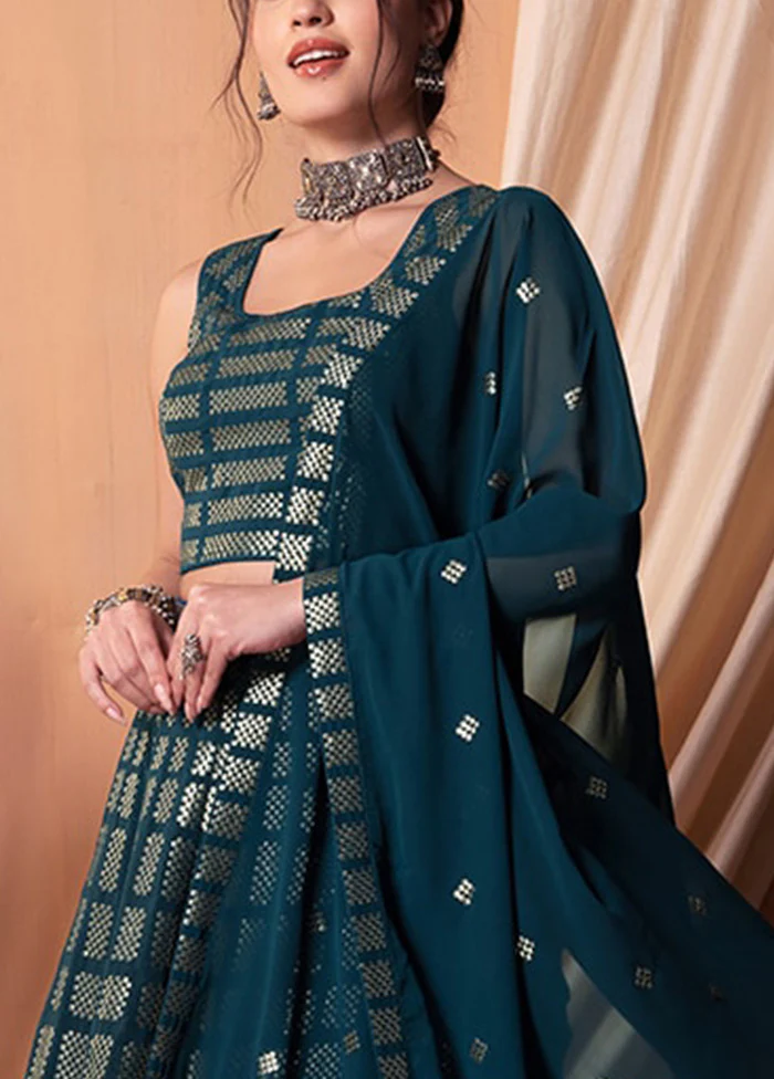 3 Pc Teal Georgette Semi Stitched Lehenga Set - Image 2