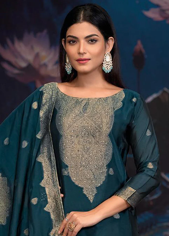 3 Pc Teal Pure Semi Stitched Silk Dupatta Suit Set - Image 2