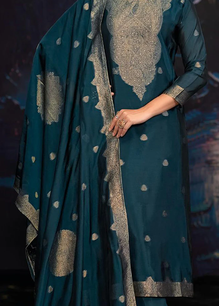 3 Pc Teal Pure Semi Stitched Silk Dupatta Suit Set - Image 3