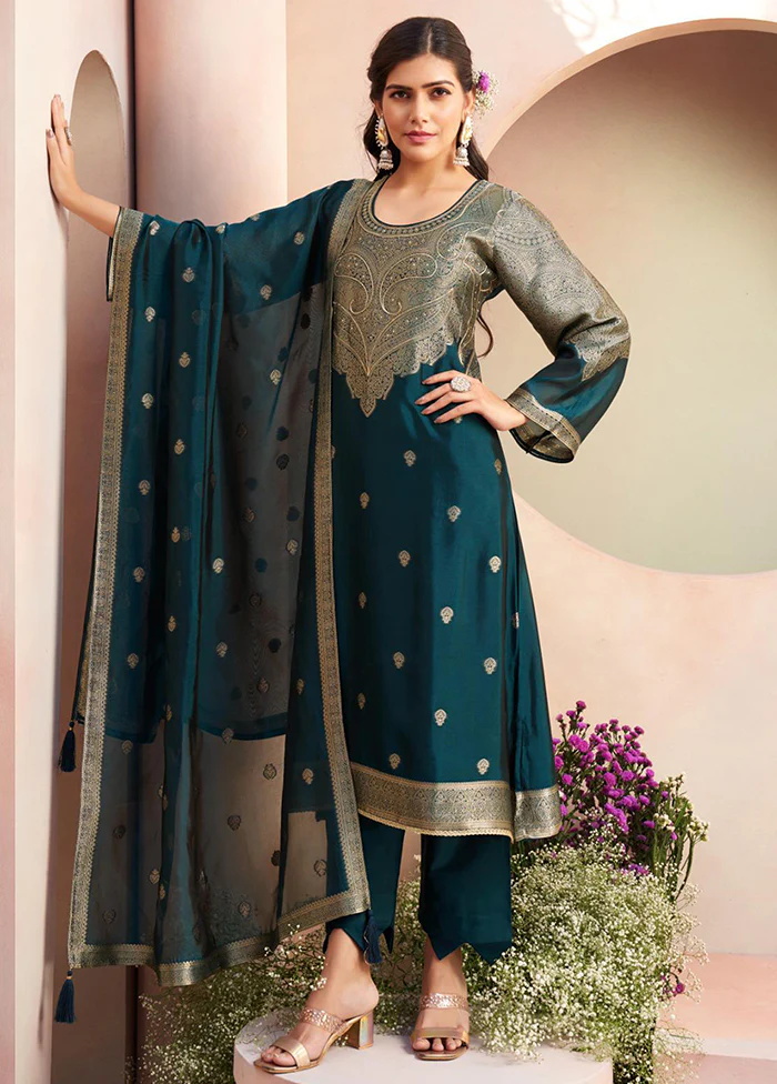 3 Pc Teal Pure Semi Stitched Silk Dupatta Suit Set