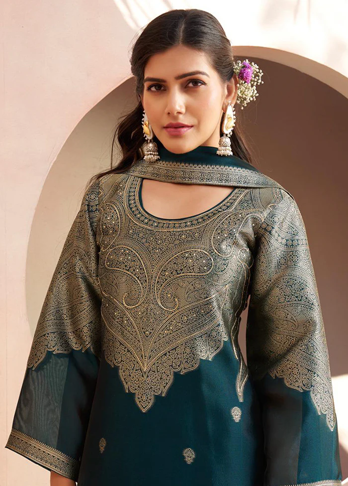 3 Pc Teal Pure Semi Stitched Silk Dupatta Suit Set - Image 2