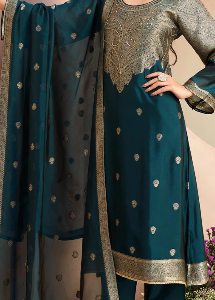3 Pc Teal Pure Semi Stitched Silk Dupatta Suit Set - Image 3