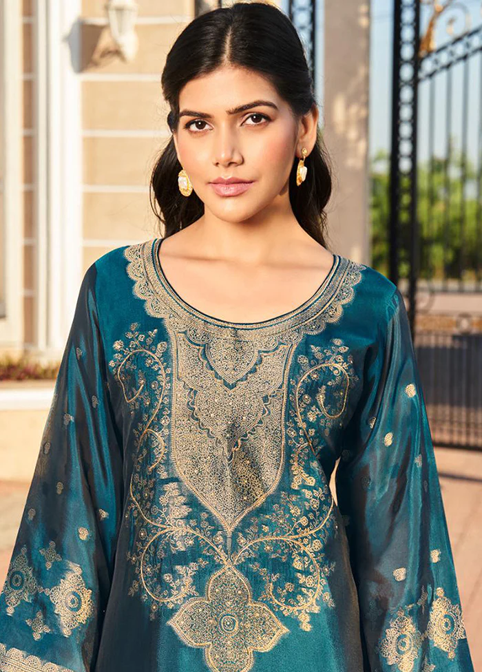 3 Pc Teal Pure Semi Stitched Silk Dupatta Suit Set - Image 2