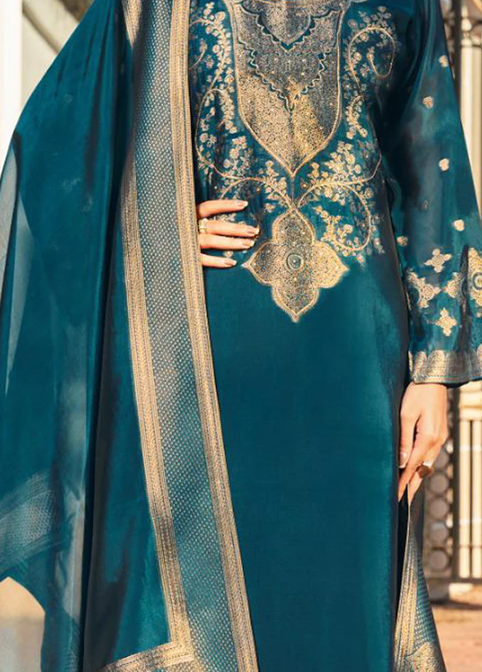 3 Pc Teal Pure Semi Stitched Silk Dupatta Suit Set - Image 3