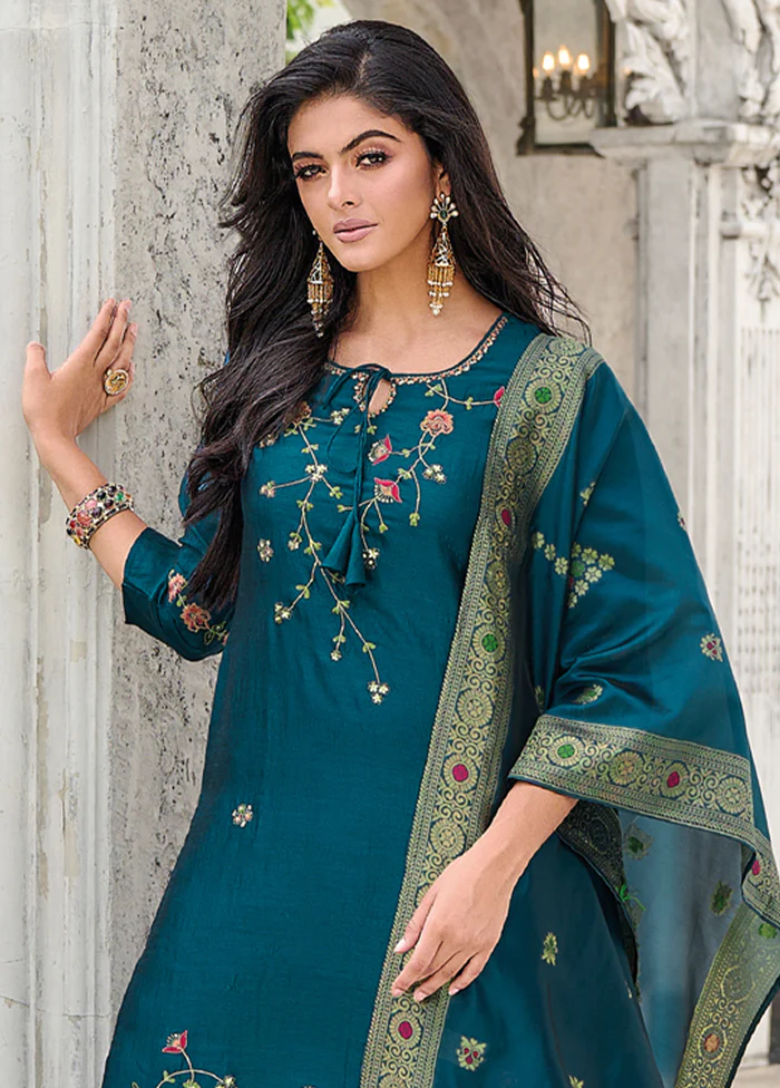 3 Pc Teal Readymade Viscose Dupatta Suit Set - Image 2