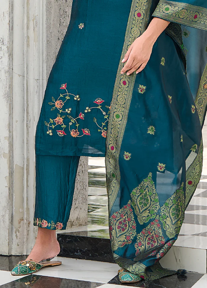 3 Pc Teal Readymade Viscose Dupatta Suit Set - Image 3