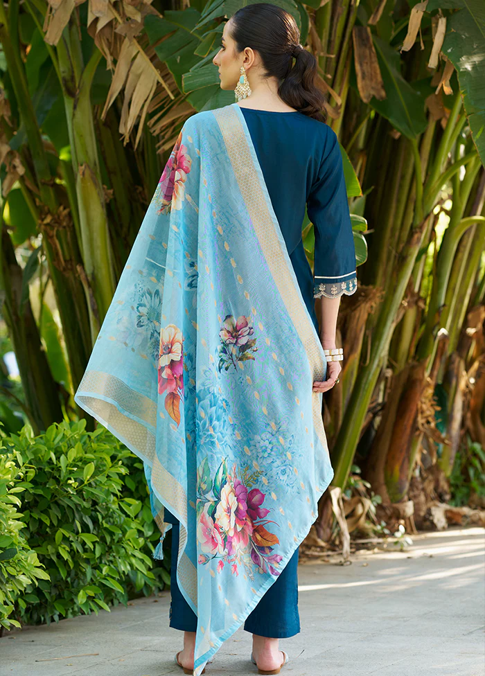 3 Pc Teal Readymade Viscose Dupatta Suit Set - Image 3