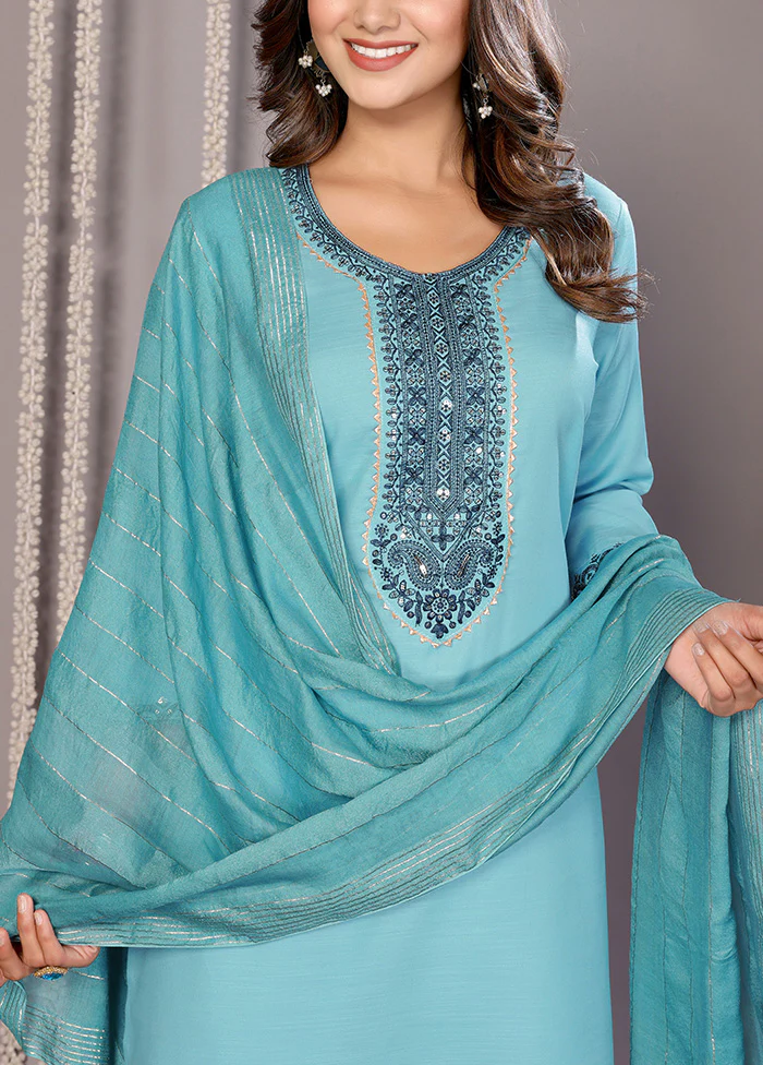 3 Pc Turquoise Blue Readymade Cotton Suit Set - Image 3