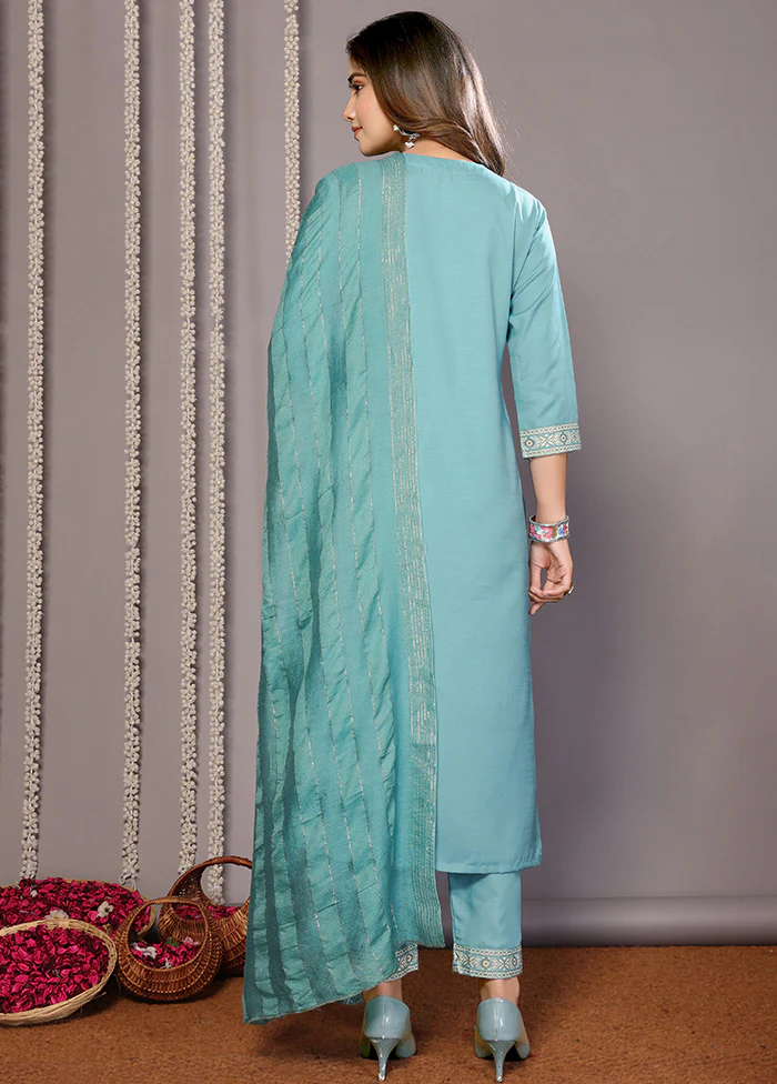 3 Pc Turquoise Blue Readymade Cotton Suit Set - Image 2