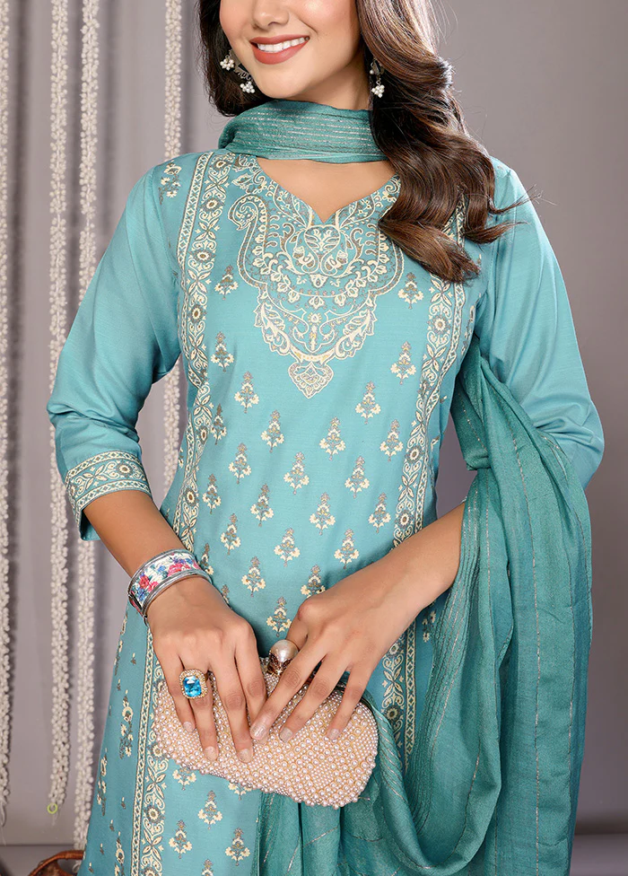 3 Pc Turquoise Blue Readymade Cotton Suit Set - Image 3