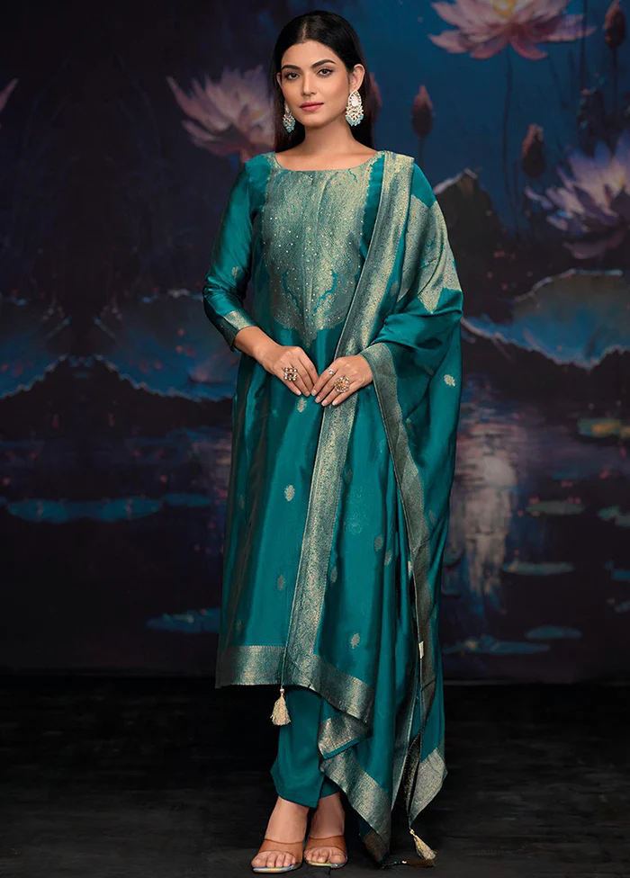 3 Pc Turquoise Pure Semi Stitched Silk Dupatta Suit Set