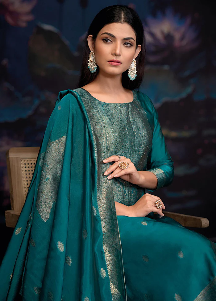 3 Pc Turquoise Pure Semi Stitched Silk Dupatta Suit Set - Image 2