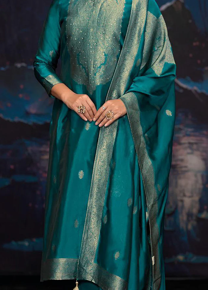 3 Pc Turquoise Pure Semi Stitched Silk Dupatta Suit Set - Image 3