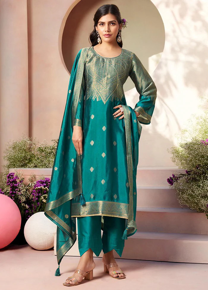 3 Pc Turquoise Pure Semi Stitched Silk Dupatta Suit Set