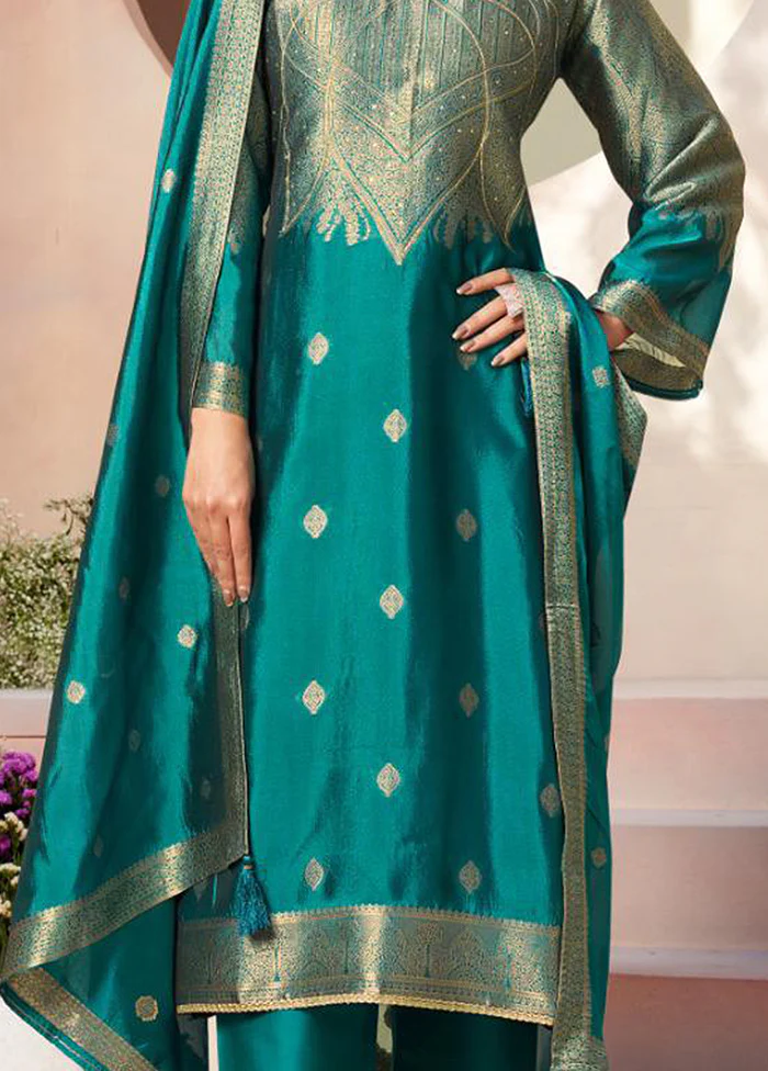 3 Pc Turquoise Pure Semi Stitched Silk Dupatta Suit Set - Image 3