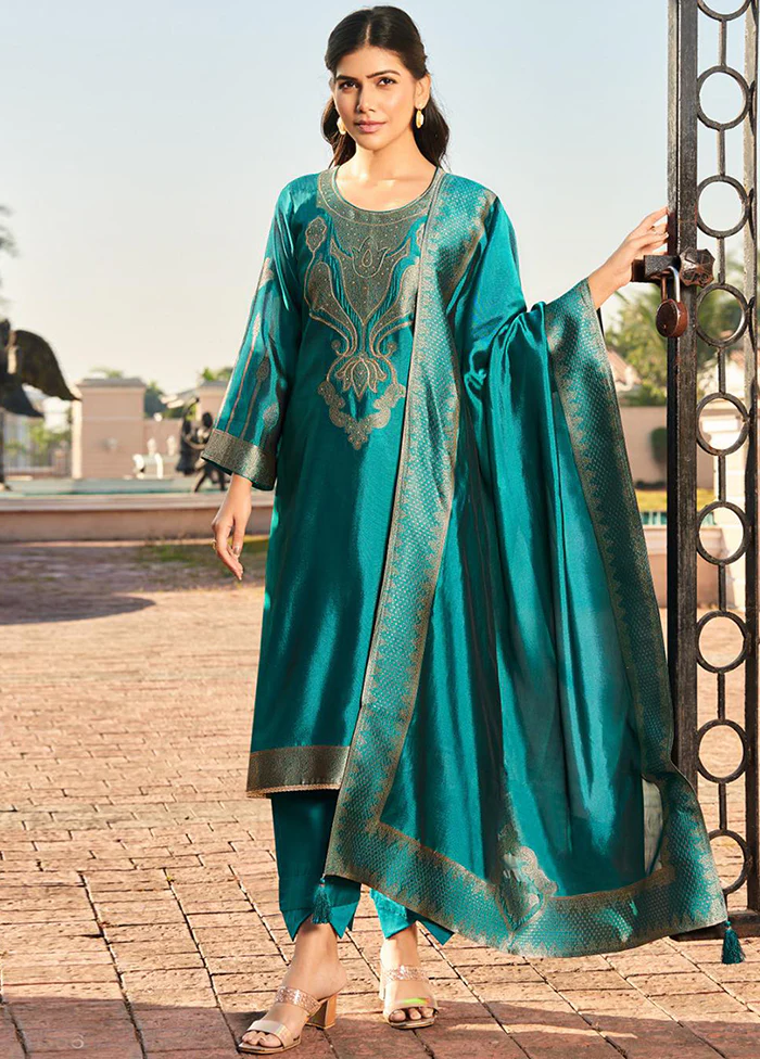 3 Pc Turquoise Pure Semi Stitched Silk Dupatta Suit Set