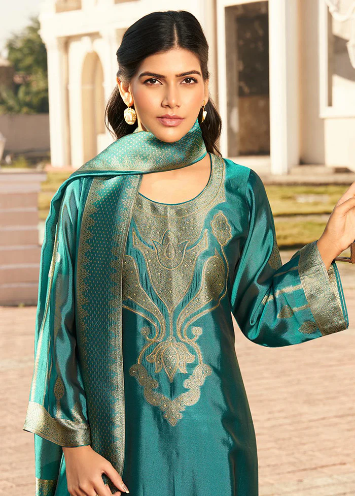 3 Pc Turquoise Pure Semi Stitched Silk Dupatta Suit Set - Image 2