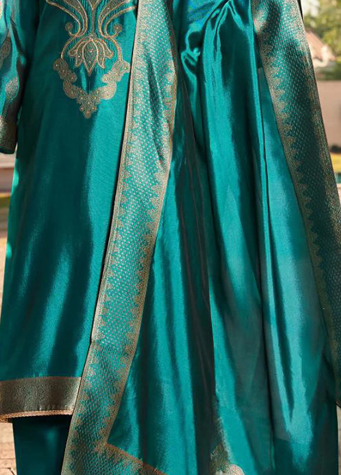3 Pc Turquoise Pure Semi Stitched Silk Dupatta Suit Set - Image 3