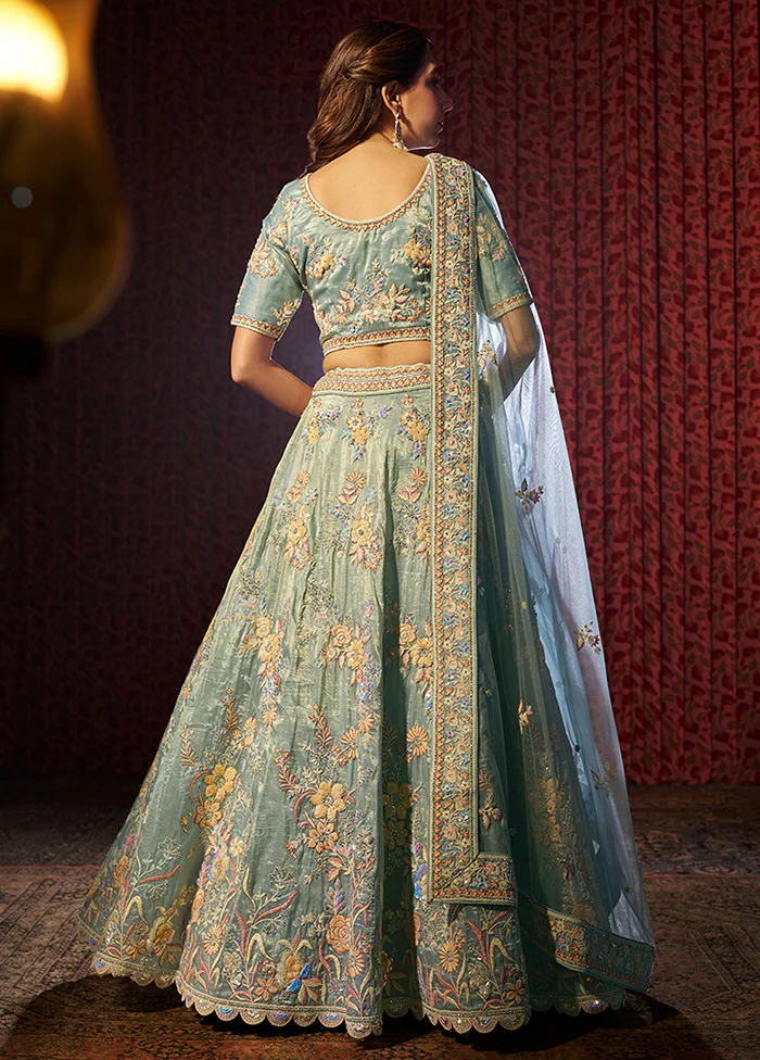 3 Pc Turquoise Silk Semi Stitched Lehenga Set - Image 2