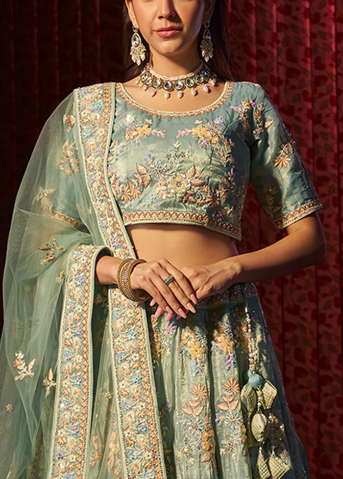 3 Pc Turquoise Silk Semi Stitched Lehenga Set - Image 3