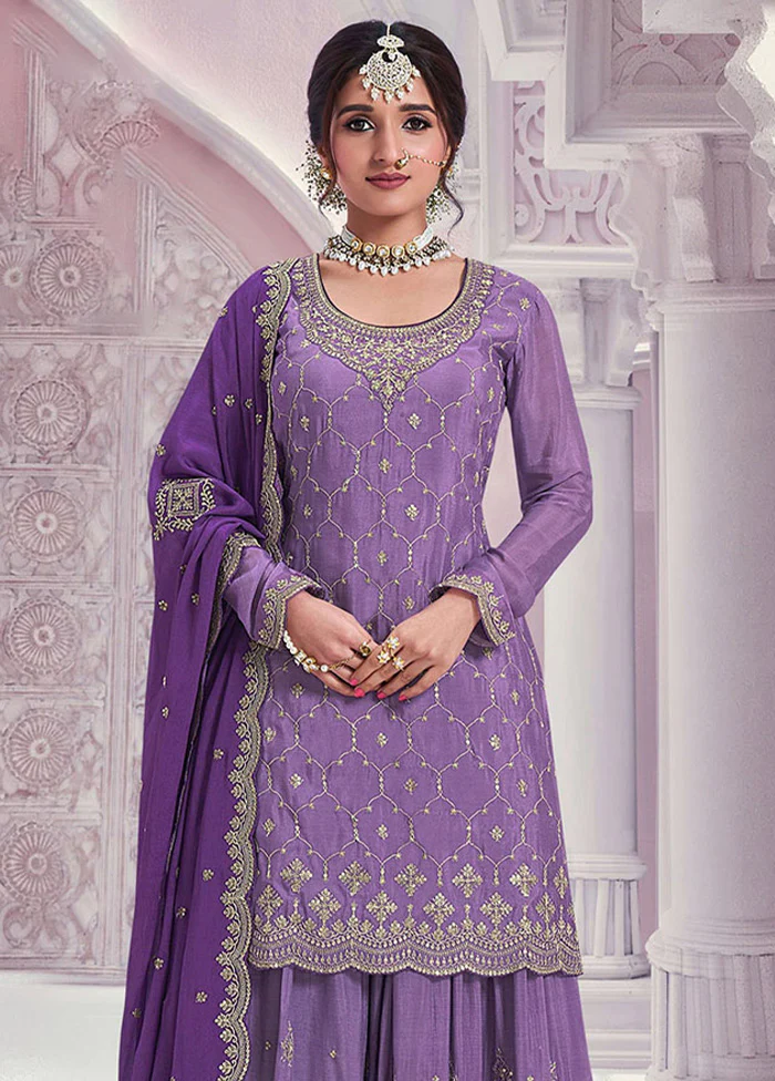 3 Pc Violet Semi Stitched Silk Dupatta Suit Set - Image 2
