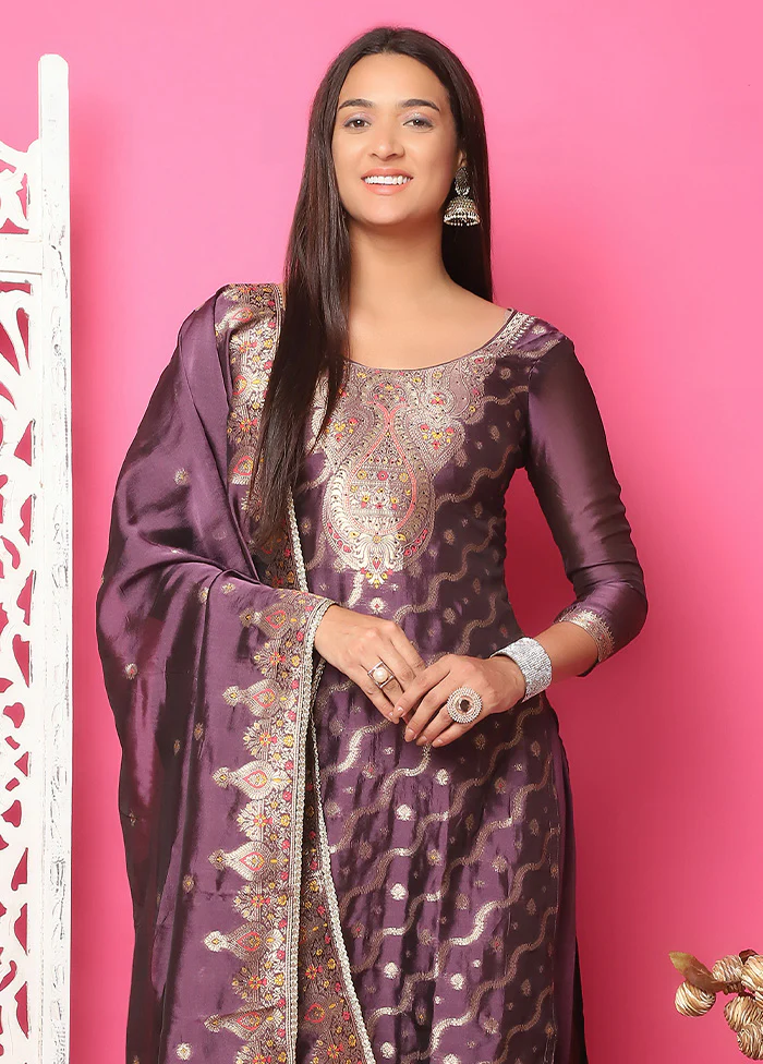 3 Pc Violet Unstitched Silk Suit Set - Image 2