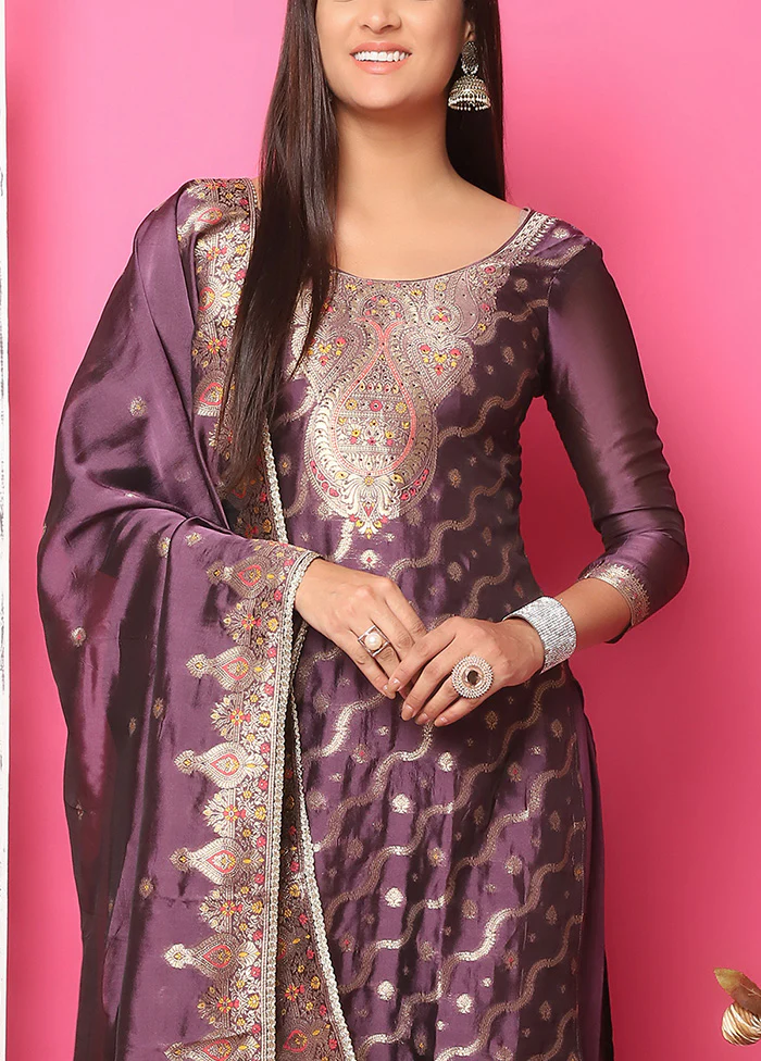 3 Pc Violet Unstitched Silk Suit Set - Image 3