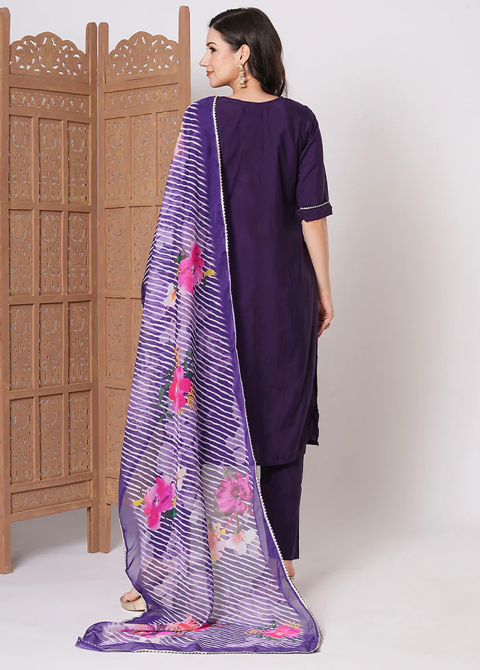 3 Pc Voilet Readymade Chanderi Dupatta Suit Set - Image 2