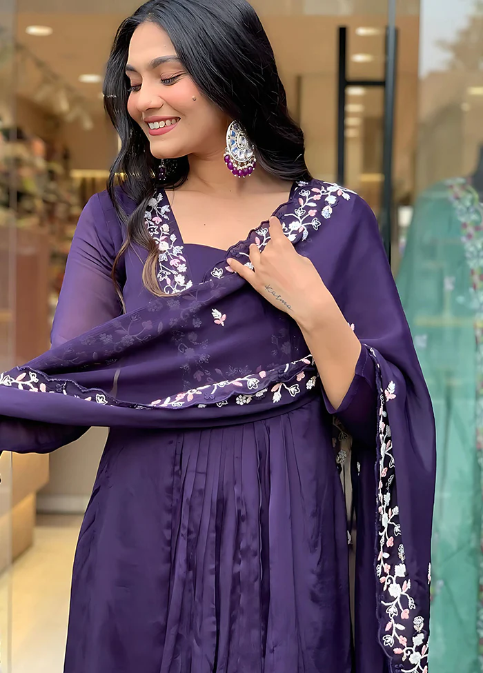 3 Pc Voilet Readymade Silk Dupatta Suit Set - Image 2