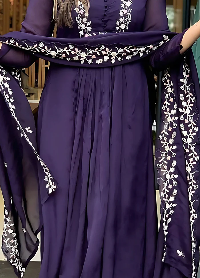 3 Pc Voilet Readymade Silk Dupatta Suit Set - Image 3