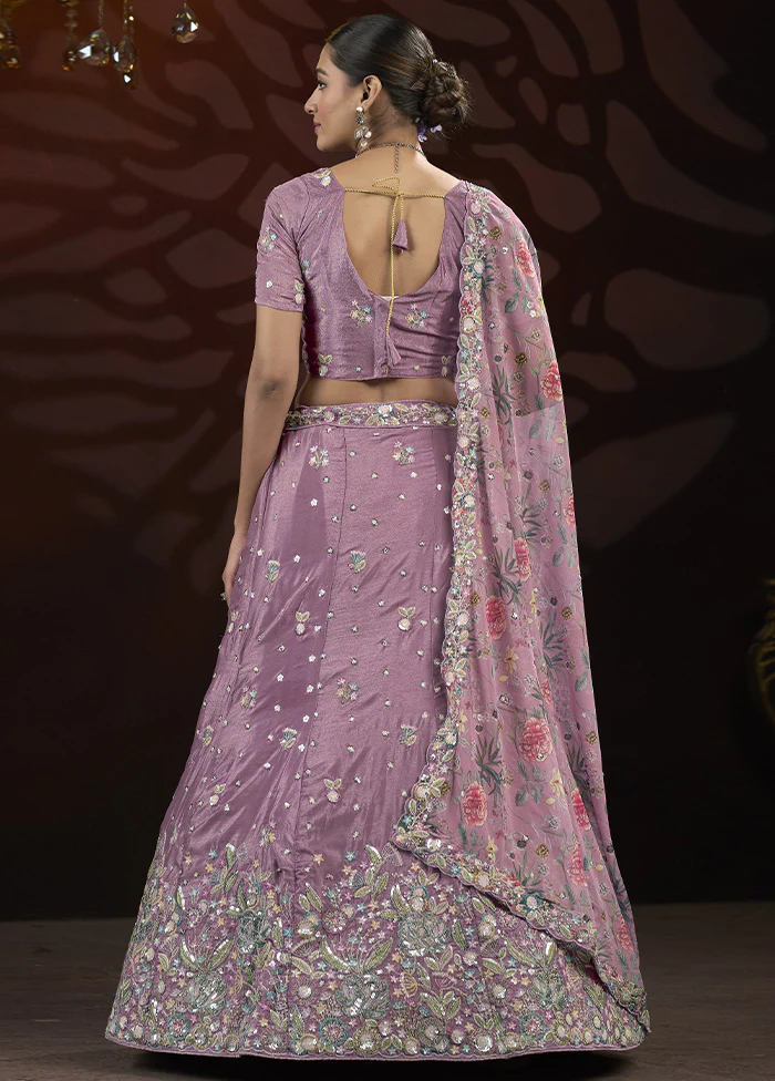 3 Pc Voilet Silk Semi Stitched Lehenga Set - Image 2