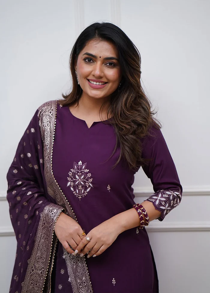 3 Pc Voilet Silk Suit Set - Image 2