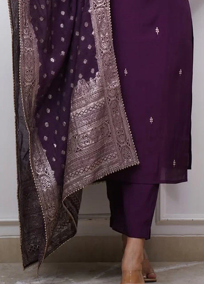 3 Pc Voilet Silk Suit Set - Image 3