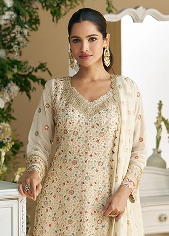 3 Pc White Georgette Palazzo Suit Set - Image 2