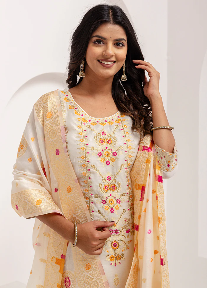 3 Pc White Readymade Silk Dupatta Suit Set - Image 2